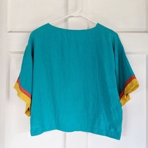Vintage boatneck square sleeve boxy crop top w/ button-up back - bold and bright